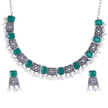 Imagem de Efulgenz Conjuntos de joias indianas para mulheres conjuntos de colar de pedra de cristal com pingente de pérola falsa brincos gargantilha conjunto de joias boêmias para mulheres, Metal, Sem Pedra