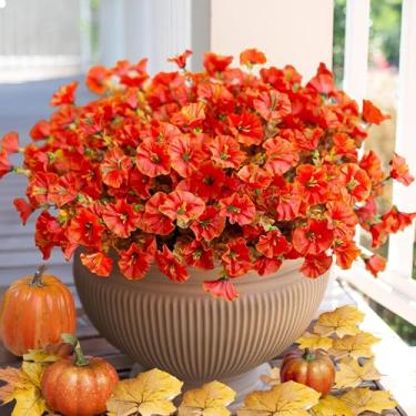 Imagem de Flores artificiais ao ar livre, 16 pacotes de flores falsas de glória da manhã, plantas de plástico resistente a UV para decoração interna e externa, caixa de janela, decoração de varanda (laranja