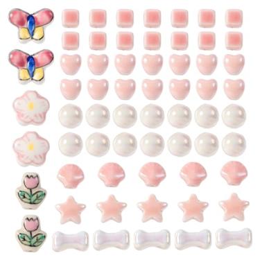 Imagem de FASHEWELRY 66 peças de contas de porcelana pastel rosa fofa estrela flor borboleta coração contas de cerâmica impresso desenho animado solto espaçador contas para DIY pulseira de verão colar de joias