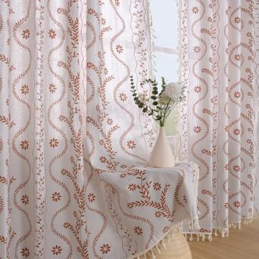 Imagem de Cortinas Boho para sala de estar 150 cm de comprimento, semitransparente, linho, floral, vintage, cortina de janela de casa de fazenda, 2 painéis para sala de jantar e cozinha