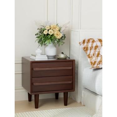 Imagem de Mesa de cabeceira de madeira de carvalho maciça, mesa de cabeceira moderna de meados do século com 2 gavetas, mesa de canto de perfil curvo com armazenamento e pés de madeira maciça para quarto, fácil