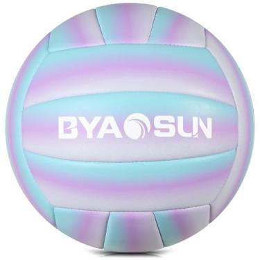 Imagem de BYAOSUN Voleibol de praia macio oficial tamanho 5, bolas de vôlei impermeáveis para treinamento para piscina interna e externa iniciante adolescente adulto (azul, roxo, branco)