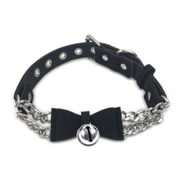 Imagem de Succuba Colar gargantilha de sino, colar de lolita, laço, gato, gatinho, veludo, cadeado, gargantilha, Regular, Couro sintético, Sem Pedra Preciosa