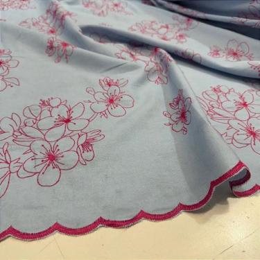 Imagem de Tecido Denim Jeans Bordado Orquídeas Rosa 1,30m Para Vestidos Feminino