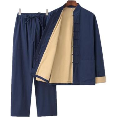 Imagem de Mens Tang Terno Chinês Tradicional Manga Longa Tai Chi Kung Fu Camisa Artes Marciais Terno De Roupas, Tops De Cânhamo De Algodão E Calças Adequadas Para Treinamento De Wing Chun, Navy Blue, M