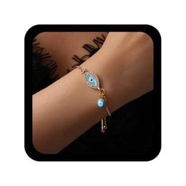 Imagem de Allereyae Pulseira de cristal gótico com olho turco, pulseira azul turca dourada com corrente de olho da sorte, pulseiras de olhos de cristal, joia de mão com olho de zircônia cúbica para mulheres