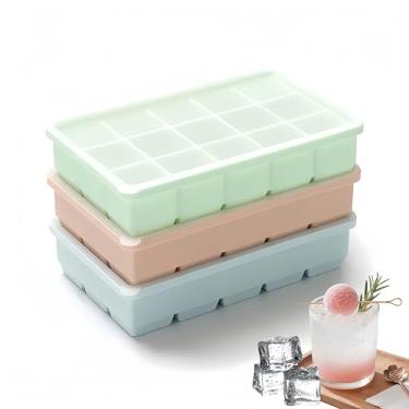 Imagem de Bandeja de gelo de silicone multicolorido de grau alimentício de 3 peças, liberação fácil, 15 moldes flexíveis para cubos de gelo com tampa de silicone removível, bandejas de gelo reutilizáveis