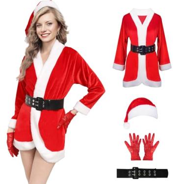 Imagem de Women Santa Claus Costumes Suit Mrs Santa Cosplay Costume Outfit Dress One Size with Belt and Hat（3 Piece）