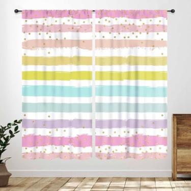 Imagem de Cortinas arco-íris para quarto de crianças, listras coloridas, pequenos pontos dourados, boêmio, arco-íris, quarto de bebê, sala de estar, escola, janela, tratamentos, cortinas, 2 painéis, 106 x 113
