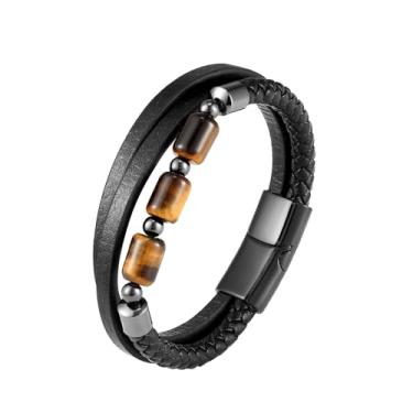 Imagem de CARICY Pulseira masculina de couro trançado olho de tigre/ônix preto com contas de pedra curativa para homens pulseira de aço inoxidável, 8.3 in, Zircônia cúbica