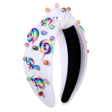 Imagem de YAHPERN Tiara de doces para mulheres, meninas, Natal, pirulito, acessórios de fantasia de doces de Halloween, roupas de candyland, lembrancinhas de festa de aniversário, presentes (padrão A)