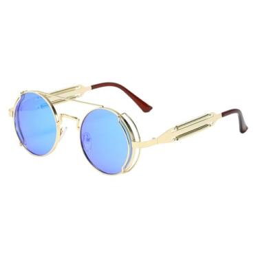 Imagem de Óculos de sol com proteção UV400 para homens e mulheres | Armação de metal redonda preta e vermelha | Para dirigir e esportes ao ar livre, lente espelhada azul