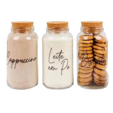 Imagem de Kit Cantinho do Café 810ml | ESCOLHA SEU KIT | Potes de Vidro | Tampa de Cortiça com ou sem Adesivos | Armazenamento(Cappu, Leite em Pó e Biscoitos)