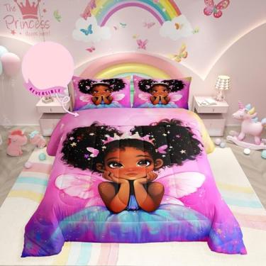 Imagem de Erosebridal Conjunto de edredom preto para meninas, princesa africana com asas, rosa dégradé arco-íris, galáxia, conjunto de edredom infantil para meninas, todas as estações (1 edredom e 2 fronhas)