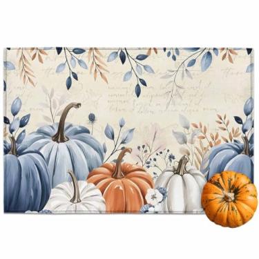 Imagem de Chic D Tapete para porta de outono, entrada interna, azul, abóbora, tapete para o dia de Ação de Graças, tapete para ambientes externos, antiderrapante, absorvente, retrô, folhas de eucalipto, tapete