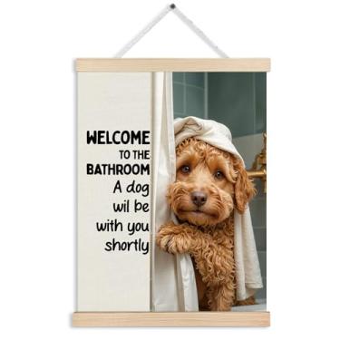 Imagem de FITIE Engraçado Goldendoodle Tela de Parede Arte de Parede Poster Molduras, Decoração de Banheiro de Cachorro, Desenhos de Decoração de Parede de Cachorro Dourado Engraçado para Banheiro, Banheiro