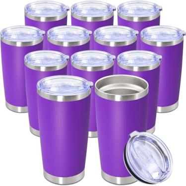 Imagem de Copo de 590 ml de aço inoxidável a granel com tampa, caneca de viagem de parede dupla isolada a vácuo, durável, revestida em pó, caneca para bebidas quentes e frias, roxo, pacote com 12