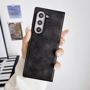 Imagem de HJZSZX Para Samsung Galaxy Z Fold6 Capa de telefone magnética de couro de cor sólida de luxo com carregamento sem fio à prova de choque (para Samsung Galaxy Z Fold6/preto)