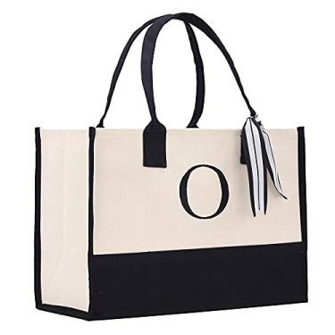 Imagem de Sacola monograma com tela 100% algodão e monograma chique personalizado preto, O, Large