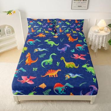 Imagem de QOOMO Jogo de lençol solteiro com desenho animado de dinossauro, estampa de dinossauro colorido, 4 peças, bolso profundo com 1 lençol com elástico, 1 lençol de cima e 2 fronhas para meninos e meninas