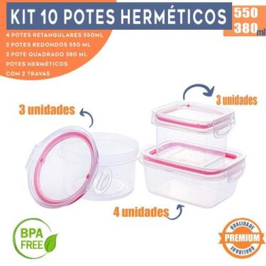 Imagem de Kit 10 Potes Herméticos Trava Mais com Tampa e Travas Laterais Empilhá