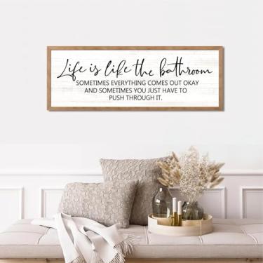 Imagem de Life is Like the Bathroom Placa de madeira emoldurada para parede, 81 cm × 30 cm, placa de madeira com citação inspiradora horizontal acima da banheira, frase motivacional longa, decoração de parede