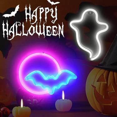 Imagem de BRIGHTDECK Pacote com 2 placas neon de Halloween, fantasma branco, morcego azul, lua cheia, luzes de neon, sinal de néon alimentado por USB/bateria para decoração de parede de Halloween, quarto