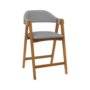 Imagem de Banqueta Alta Bistrô New York Madeira Maciça - Amêndoa - Assento Estof. Linho Cinza Mescla Impermeável