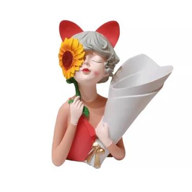 Imagem de Decoração de vaso para sala de estar, mesa de jantar, flores secas, hall de entrada, decoração de armário de TV, adequado para sala de estar, escritório, escritório Arte Decorativa(Red)