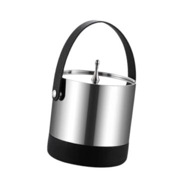 Imagem de IEUDNS Balde de gelo com tampa de metal para gelo, balde de cerveja multiuso em aço inoxidável para coquetéis caseiros, camping, eventos e banquetes, Alça de Couro Pu