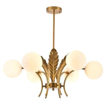 Imagem de BOKT Lustre de vidro de leite de meados do século dourado G9 lustre de teto industrial metal ajustável iluminação pendente fazenda grande globo luminária de montagem embutida para sala de jantar