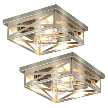 Imagem de Youroke Luminária de teto embutida de níquel escovado, pacote com 2 luminárias próximas ao teto, gaiola quadrada de 28 cm, luzes de teto para cozinha, corredor, quarto, sala de estar