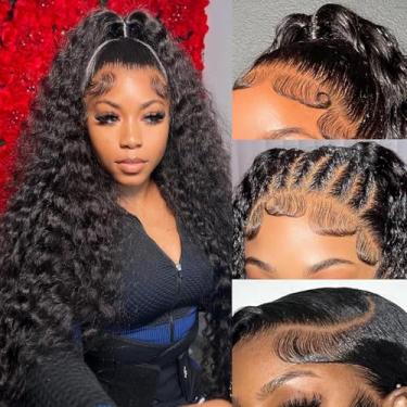 Imagem de Perucas de cabelo humano ondulado profundo frontal ondulado 33 x 15 cabelo humano pré-arrancado densidade 180% HD peruca frontal com cabelo de bebê perucas encaracoladas profundas para mulheres negras