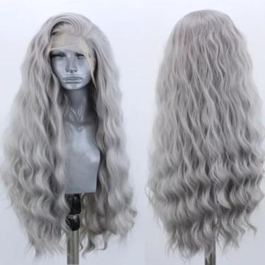 Imagem de ELESTY Peruca de cabelo cinza ondulado longo com tela frontal sintética para mulheres, peruca de renda sintética cacheada solta sem cola, aparência natural, fibra sintética resistente ao calor para