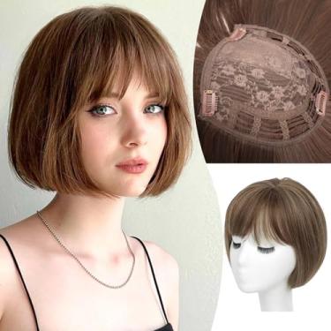 Imagem de Civrie Toppers de cabelo para mulheres com franja short bob peças de cabelo sintético para cabelo fino parte lateral marrom com destaques