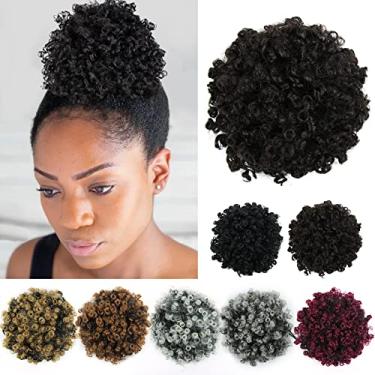 Imagem de YISIKUNNUO Extensão de cabelo cacheado ondulado afro puff cordão rabo de cavalo para mulheres negras solto ondulado mini afro puff postiços para meninas crianças (preto natural)