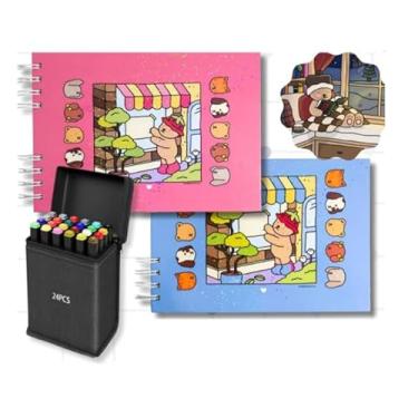 Imagem de Kit 24 Canetinhas Com Livro De Colorir Capa Dura Marca Texto Duas Pontas Bobbie Goods Stitch