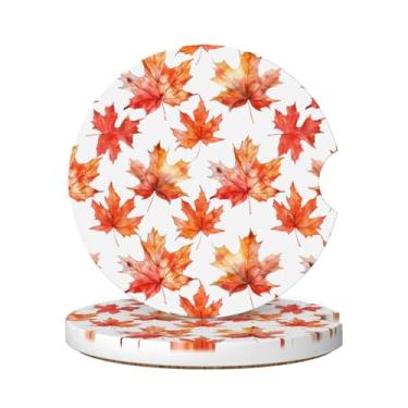 Imagem de Neukim Pacote com 2 porta-copos de carro de folha de bordo vermelha, porta-copos de cerâmica antiderrapante de 6 cm em aquarela com base de cortiça e entalhe de dedo, acessórios de carro interiores