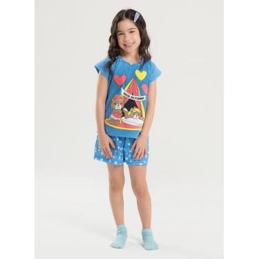 Imagem de Pijama Verão Menina Azul Blusa Brilha no Escuro e Shorts Festa do Pija