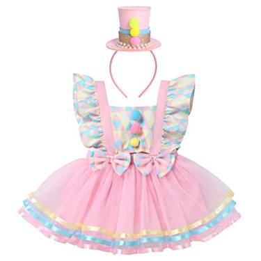 Imagem de Girl Clown Colorful Cosplay Clothes - Baby Carnival Costume: Newborn Toddler Baby Girls Halloween One Birthday Princess Outfits Ruffle Bowknot Circus Tutu Photoshoot Gown Pink - hat 6-12 Months