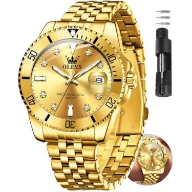 Imagem de OLEVS Relógios masculinos de aço inoxidável com data, luxuosos, diamantes, rosto grande, à prova d'água, azul/preto/verde/dourado/vermelho, relógios para hombres, Todo ouro-9809, Round, Relógio