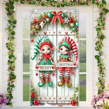 Imagem de BlissYard Capa para porta de Natal, elfos gêmeos, placas de Feliz Natal, 89 x 188 cm, faixa festiva para decoração de parede interna e externa, tecido de poliéster para meninas ou meninos, capas de