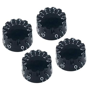 Imagem de Vintage Forge Botões de velocidade pretos entalhados compatíveis com guitarra elétrica Epiphone Les Paul SG (conjunto de 4) serrilhado serve para 18 potes de eixo dividido com ranhura grossa EUA