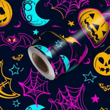 Imagem de HOMETITUTE Papel de parede de morcego de abóbora descasque e cole papel de parede de Halloween 300 x 45 cm, revestimento de parede decorativo de vinil autoadesivo para quarto, sala de estar, festa