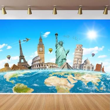 Imagem de CapiSco Pano de fundo de viagem com globo 1,8 x 1,8 m Tapeçaria de parede com mapa do mundo famoso fundo de fotografia para viagens de avião, decorações de festa ao redor do mundo, cenários de viagem