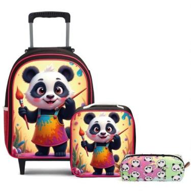 Imagem de Kit Mochila Escolar Rodinha Completo Menina Panda com Estojo e Lanchei
