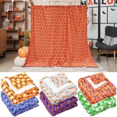 Imagem de Fanfanwin Pacote com 6 cobertores de Halloween a granel cobertor de flanela de Halloween abóbora fantasma morcego doce caveira leve manta macia e fofa colcha de pelúcia para sala de estar sofá