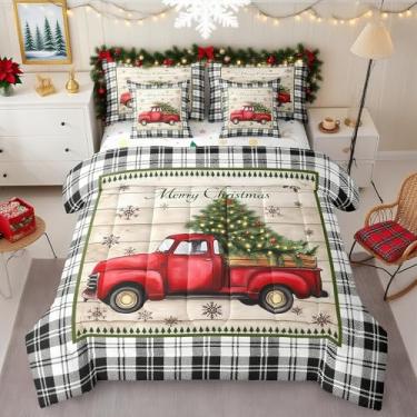Imagem de Conjunto de cama Queen com estampa de caminhão de Natal, 7 peças, grade geométrica, floco de neve, decoração para meninas, meninos, bege, vermelho, preto e branco (lençol com elástico + 2 fronhas + 2