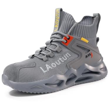 Imagem de LAoutun Sapatos de bico de aço para homens e mulheres, confortáveis, leves, para segurança no trabalho, à prova de perfuração, antiderrapante, indestrutível, tênis utilitário de construção, Cinza, 42