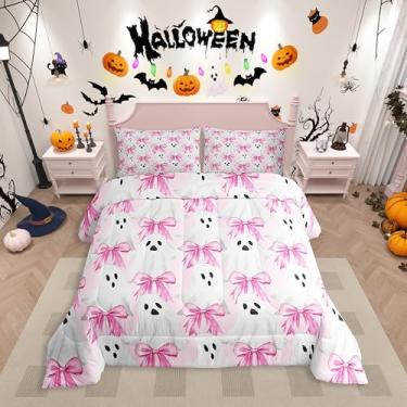Imagem de Erosebridal Conjunto de cama casal de fantasma rosa com laços, lindo conjunto de edredom de Halloween para meninas e crianças, colcha de nó de laço de coquete rosa, decoração de quarto de Halloween